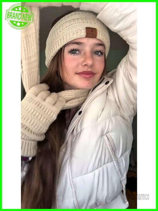 Fleece Lined Beanie Scarf Gloves Headband Set Touchscreen Knit Winter Hat main image 5